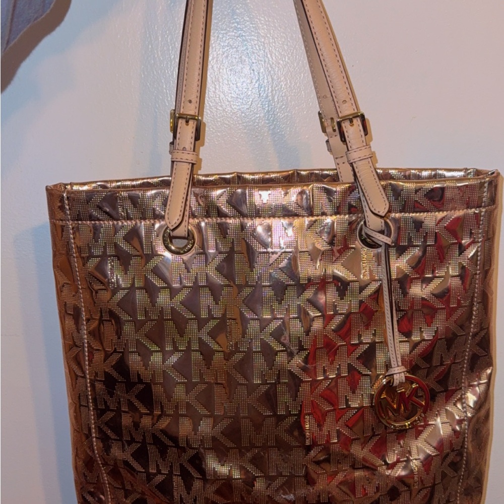 Michael Kors Metallic Rose Gold MK Logo Tote Brand New